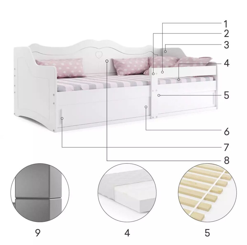 Vaikiška lova su čiužiniu ir stalčiumi 160x80 cm, rožinė kaina ir informacija | Vaikiškos lovos | pigu.lt