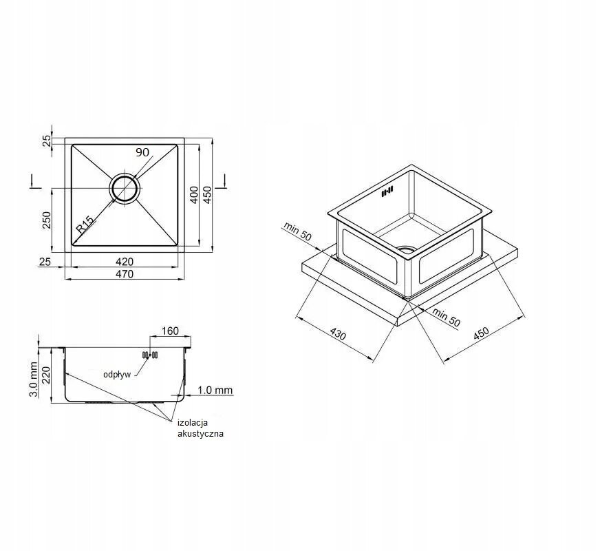 Vieno dubens virtuvės kriauklė satin Inox 47x45 - dozatorius ir krepšelis цена и информация | Virtuvinės plautuvės | pigu.lt