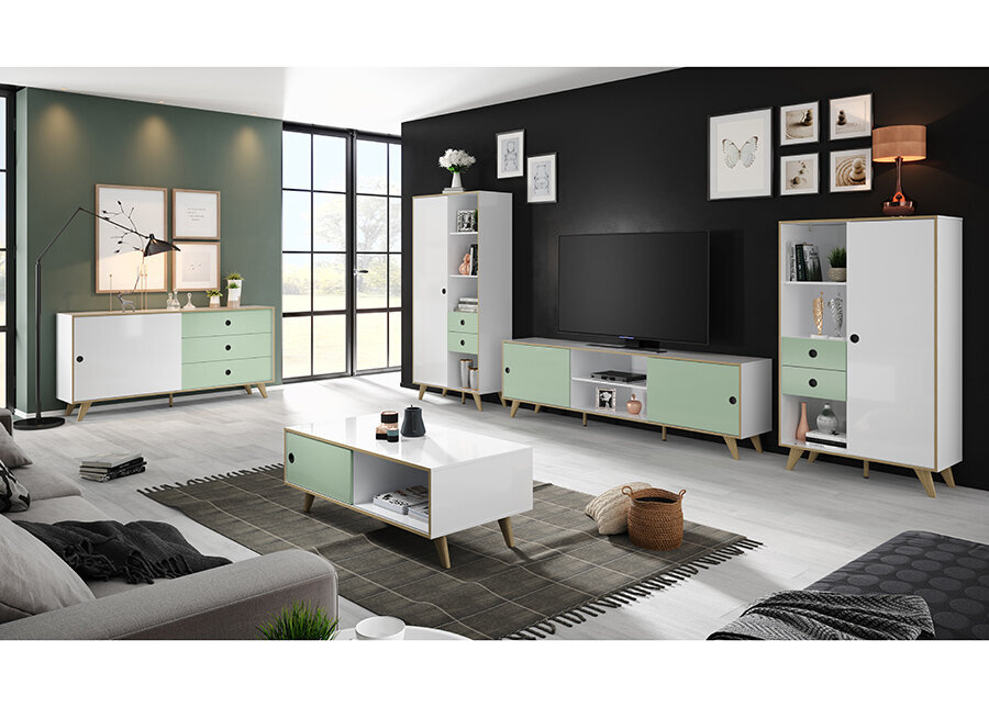 Komoda Trendteam Adelaide, 180x40x86 cm, balta/žalia kaina ir informacija | Komodos | pigu.lt