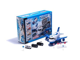 Самолет-транспортер с 3 полицейскими машинами, белой и синей цена и информация | Игрушки для мальчиков | pigu.lt