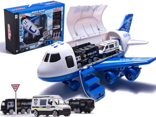 Самолет-транспортер с 3 полицейскими машинами, белой и синей цена и информация | Игрушки для мальчиков | pigu.lt