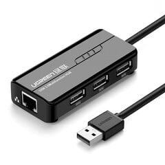 Сетевой адаптер, Ugreen 202641, USB-A - RJ45, 10/100, Mbps / 3x USB, 3.0 HUB, черный цена и информация | Адаптеры, USB-разветвители | pigu.lt