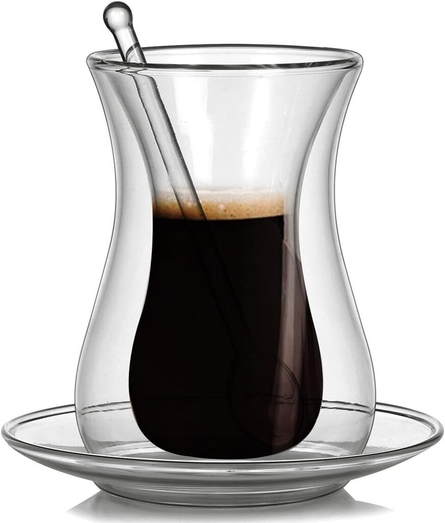 Barsi stiklinis puodelis su šaukšteliu ir lėkštute, 3 vnt. цена и информация | Taurės, puodeliai, ąsočiai | pigu.lt