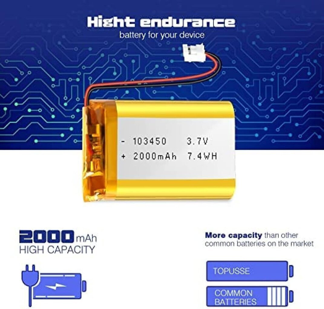 Ličio baterija 3,7 V 2000 mAh Modelis 103450 kaina ir informacija | Elementai | pigu.lt