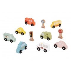 Набор деревянных транспортных средств и дорожных знаков в коробке, Tooky Toy цена и информация | Игрушки для мальчиков | pigu.lt