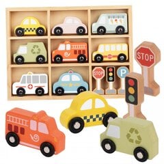 Набор деревянных транспортных средств и дорожных знаков в коробке, Tooky Toy цена и информация | Игрушки для мальчиков | pigu.lt