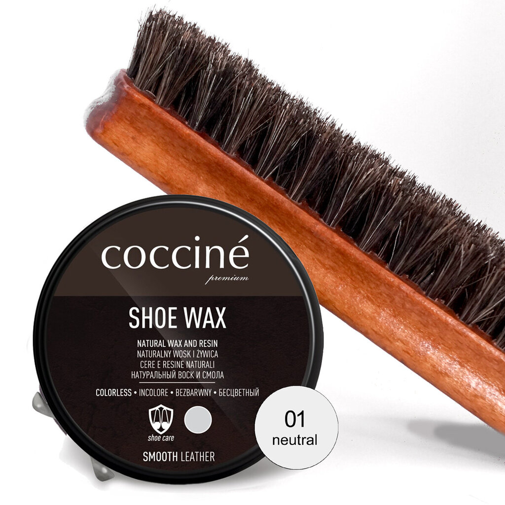 Coccine batų vaškas shoe wax, bespalvis, 40 g + Batų šepetys su arklio šeriais, 16 cm kaina ir informacija | Drabužių ir avalynės priežiūros priemonės | pigu.lt