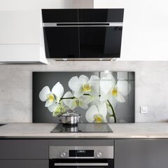 Apsauga nuo purslų stiklo plokštė Balta orchidėja juodame fone, 100x50 cm, įvairių spalvų kaina ir informacija | Virtuvės baldų priedai | pigu.lt