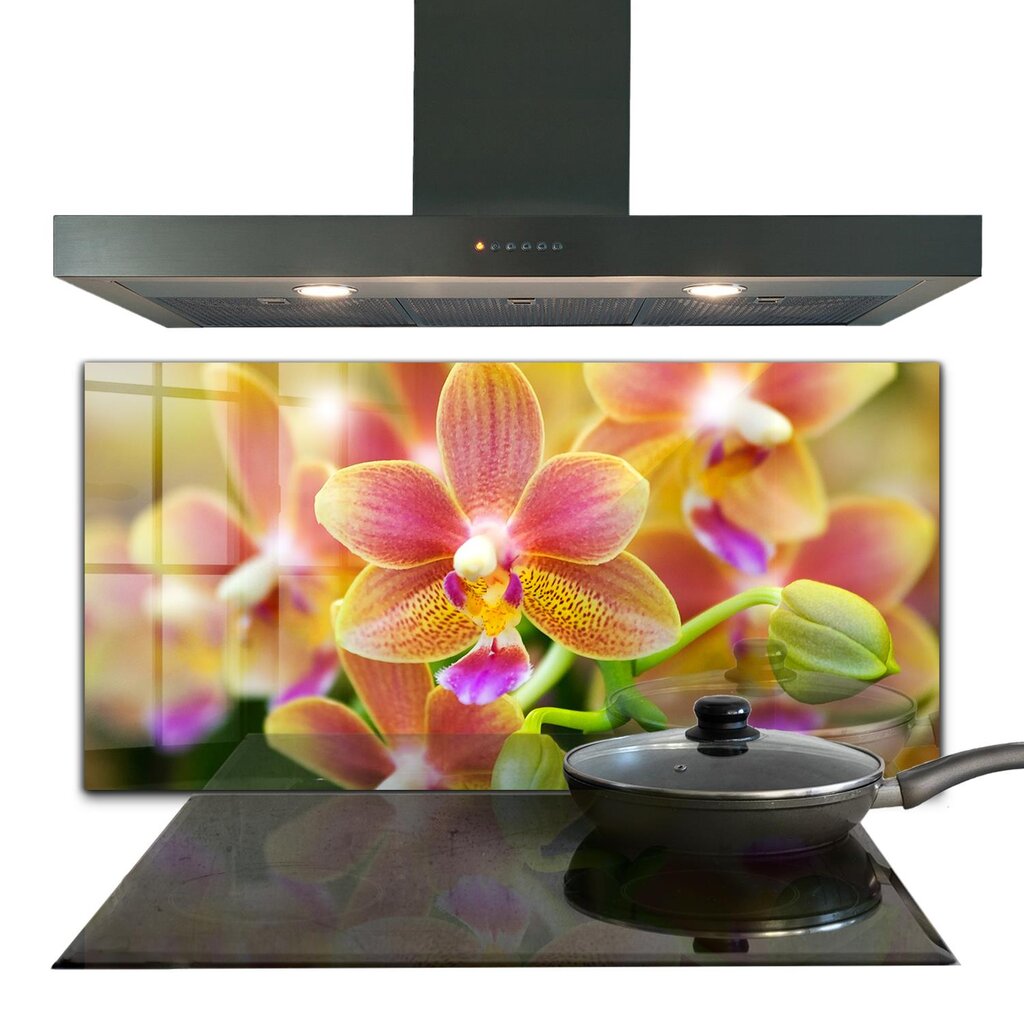 Apsauga nuo purslų stiklo plokštė Oranžinė orchidėja, 120x60 cm, įvairių spalvų kaina ir informacija | Virtuvės baldų priedai | pigu.lt