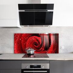 Apsauga nuo purslų stiklo plokštė Rasos lašai ant raudonos rožės, 125x50 cm, įvairių spalvų цена и информация | Комплектующие для кухонной мебели | pigu.lt