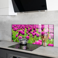 Apsauga nuo purslų stiklo plokštė Rožinių tulpių pieva laukas, 125x50 cm, įvairių spalvų kaina ir informacija | Virtuvės baldų priedai | pigu.lt