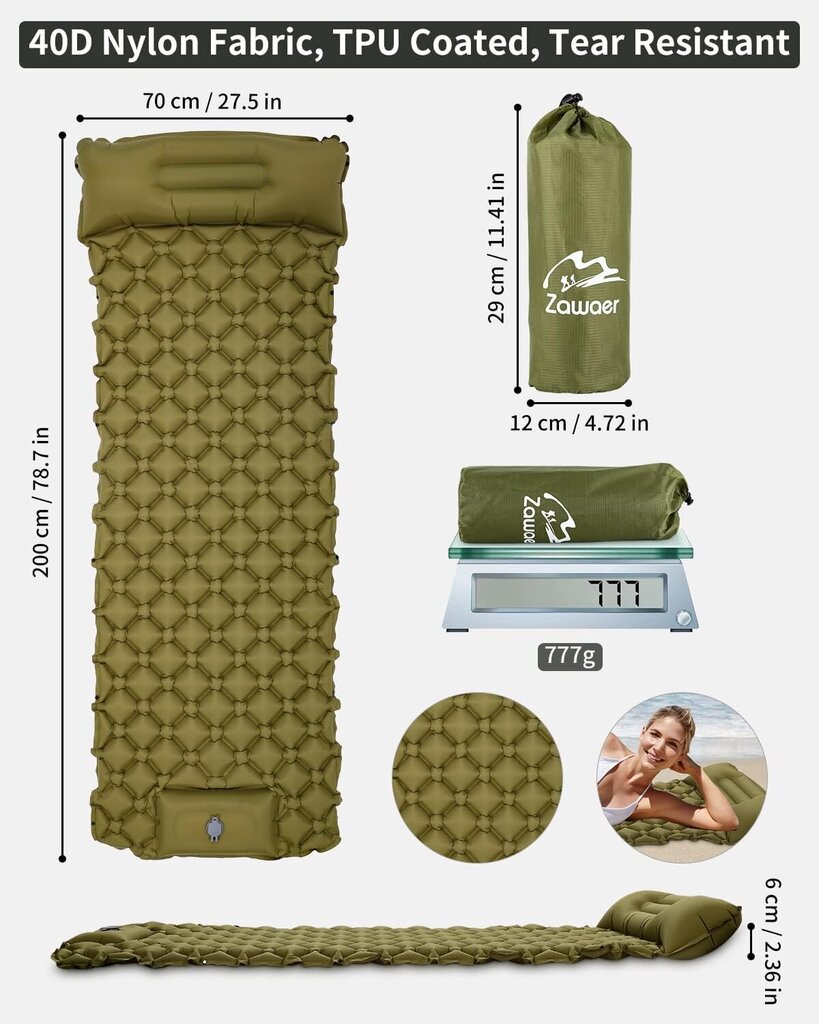 Miegamasis kilimėlis Zawaer, 200x70x6cm, žalias цена и информация | Turistiniai čiužiniai ir kilimėliai | pigu.lt