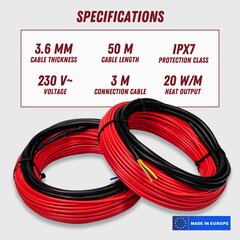 Нагревательный кабель HC-20-50, 5 м², 50 м, 1000Вт цена и информация | Нагревательные коврики для пола и зеркал | pigu.lt