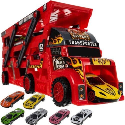 Sunkvežimis su 6 automobiliais, raudonas цена и информация | Žaislai berniukams | pigu.lt