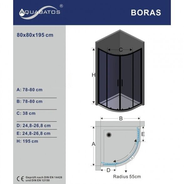 Dušo kabina AQUABATOS Boras B 80x80x195 kaina ir informacija | Dušo kabinos | pigu.lt