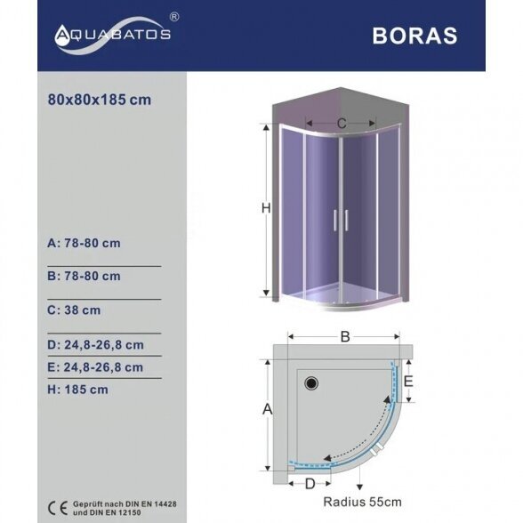 Dušo kabina AQUABATOS Boras MS 80x80x185 kaina ir informacija | Dušo kabinos | pigu.lt