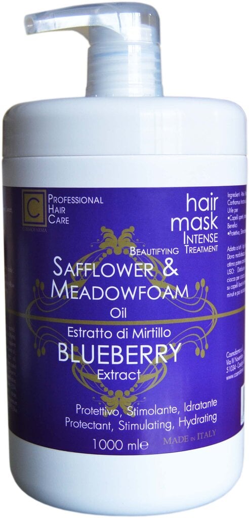 Drėkinamoji ir gyvybingumo suteikianti plaukų kaukė Miško mėlynės Cosmofarma 1000 ml kaina ir informacija | Priemonės plaukų stiprinimui | pigu.lt