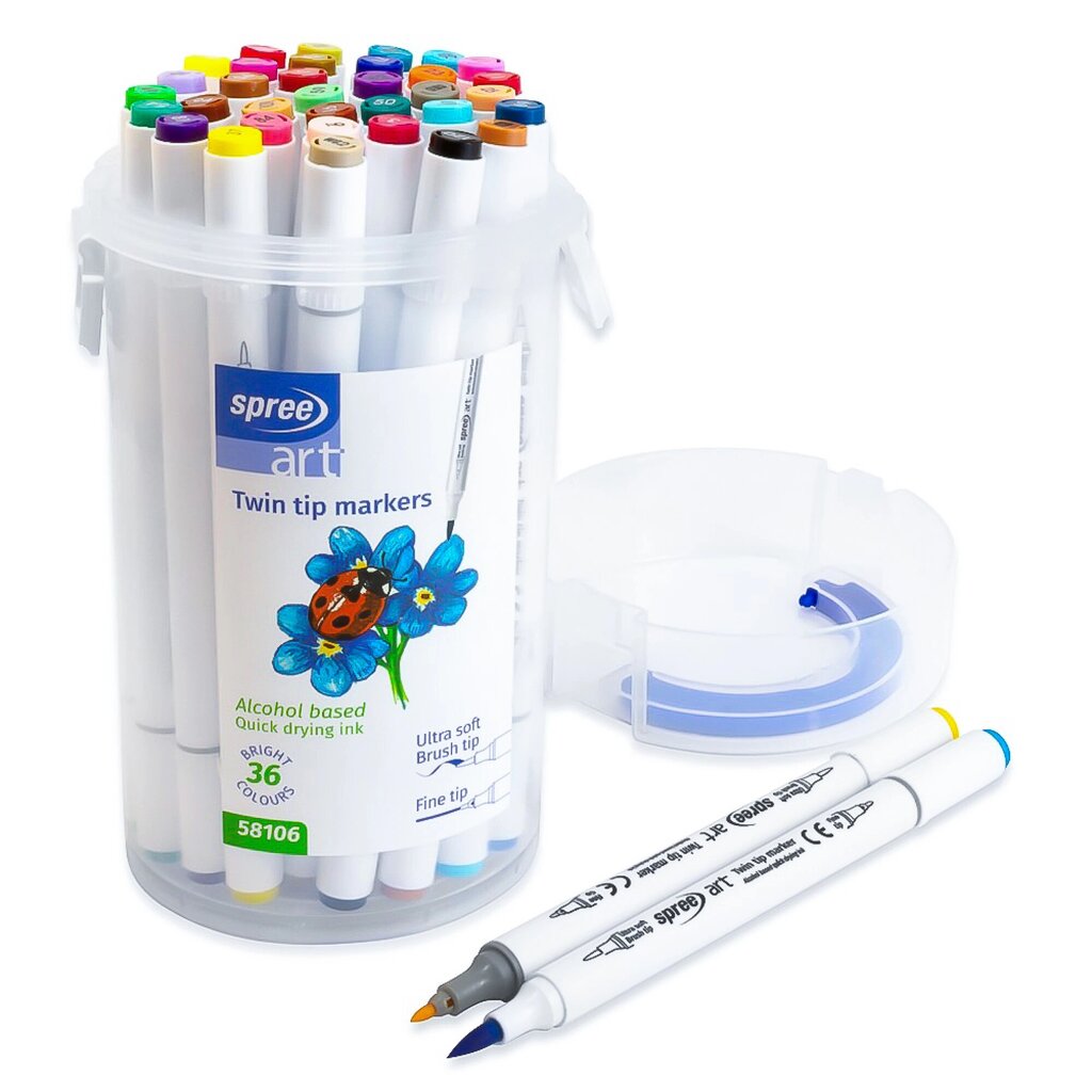 Dvipusiai flomasteriai Spree Soft Brush Fin Tip 58106 SPR, 36 spalvų цена и информация | Piešimo, tapybos, lipdymo reikmenys | pigu.lt