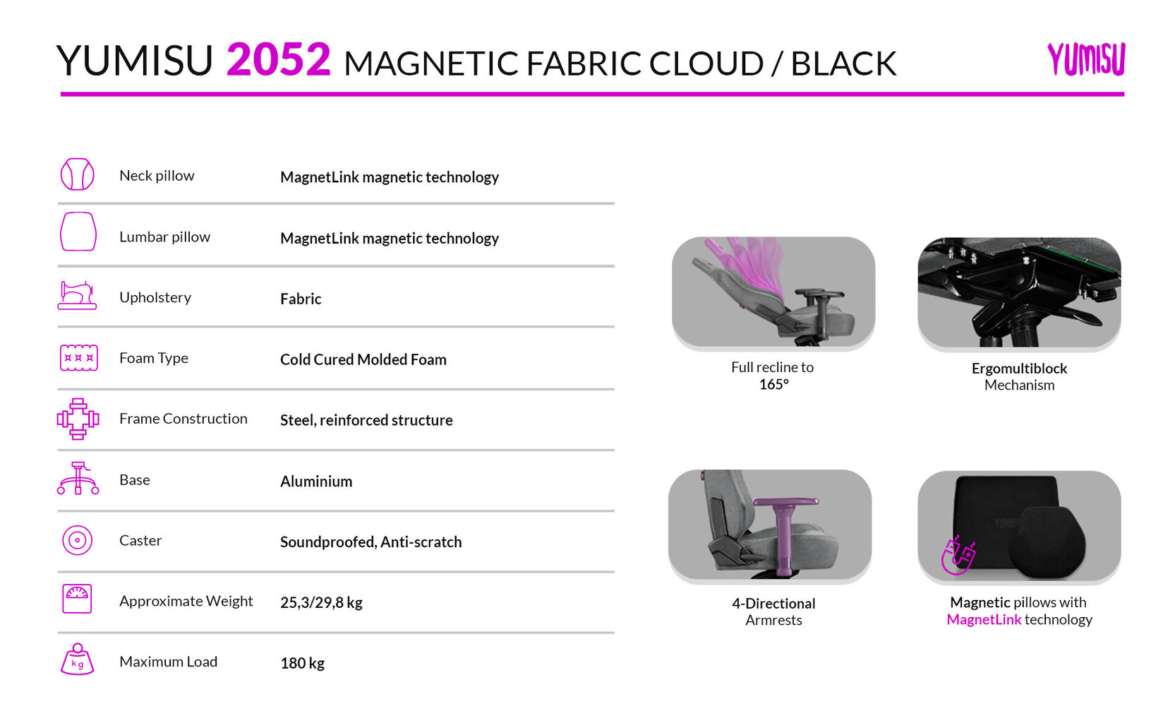 Žaidimų kėdė Yumisu 2052 Magnetic Cloud Black, pilka/juoda цена и информация | Biuro kėdės | pigu.lt