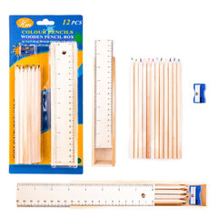 Medinė pieštukinė su pieštukais, 12 vnt. kaina ir informacija | Piešimo, tapybos, lipdymo reikmenys | pigu.lt