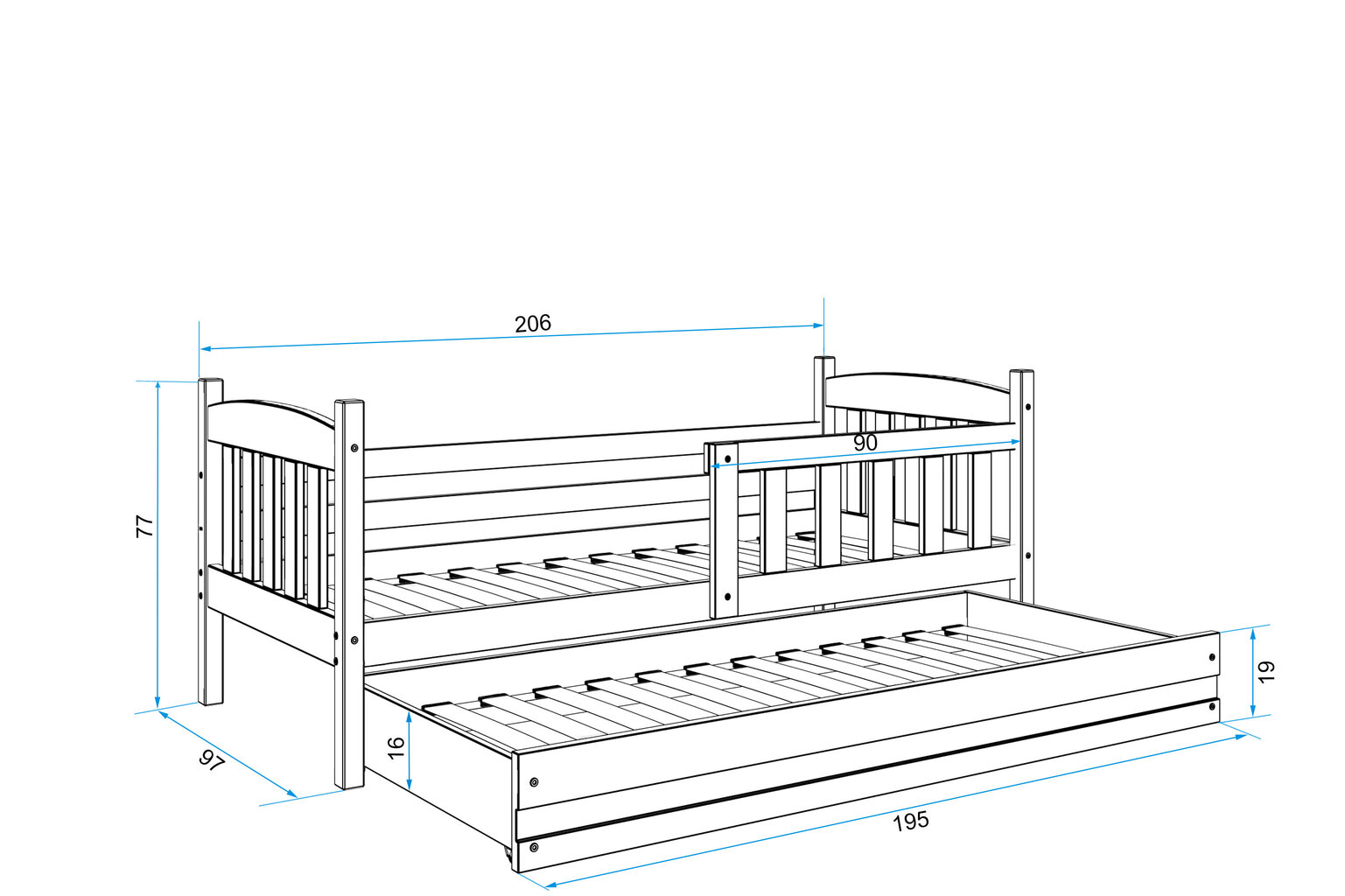 Vaikiška lova be čiužinio BMS14BP, 90x200 cm, balta/pilka kaina ir informacija | Vaikiškos lovos | pigu.lt