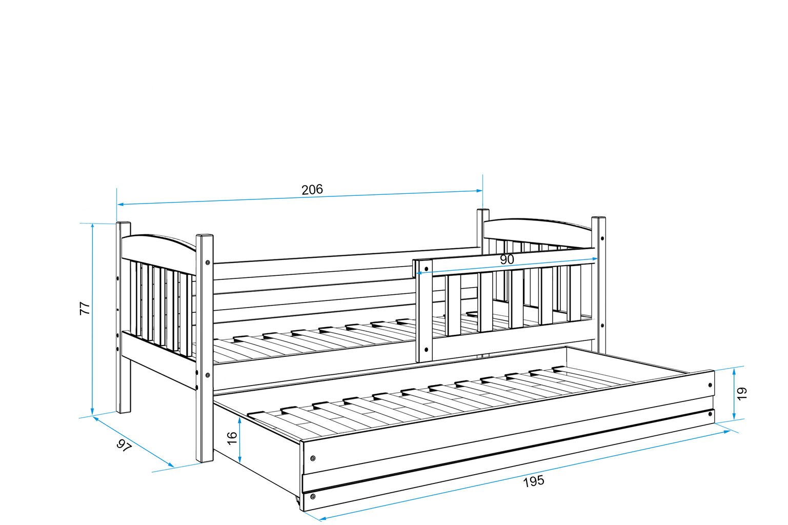 Vaikiška lova be čiužinio BMS14PB, 90x200 cm, pilka/balta kaina ir informacija | Vaikiškos lovos | pigu.lt