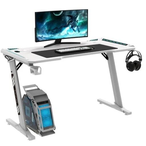 Kompiuterinių žaidimų stalas su LED lemputėmis 120cm. Baltas kaina ir informacija | Kompiuteriniai, rašomieji stalai | pigu.lt