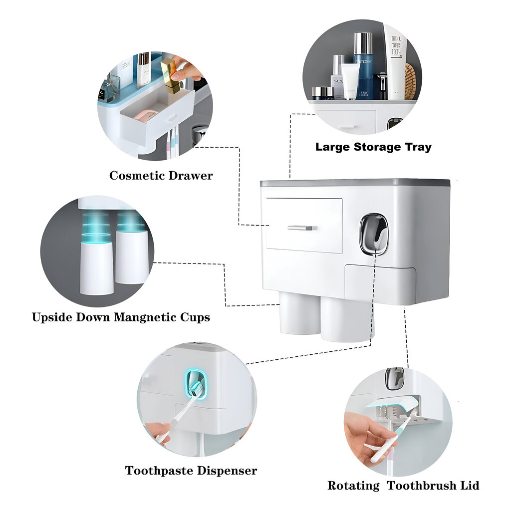 Sieninis 3 viename vonios kambario organizatorius Livman su 4 puodeliais, dantų šepetėlio laikikliu ir dantų pastos dozatoriumi kaina ir informacija | Vonios kambario aksesuarai | pigu.lt