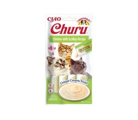 Churu Cat Chicken Scallop begrūdis, 56 g x 4 kaina ir informacija | Skanėstai katėms | pigu.lt