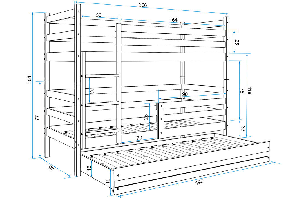 Vaikiška lova BMS45PRP, 90x200 cm, šviesiai ruda/pilka kaina ir informacija | Vaikiškos lovos | pigu.lt