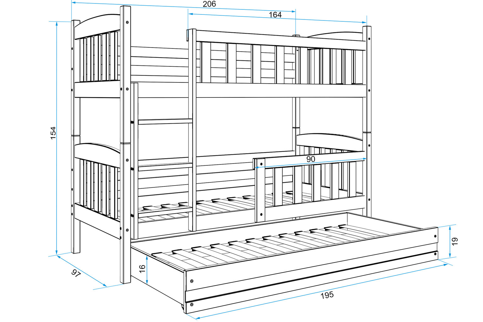 Vaikiška lova BMS47PRP, 90x200 cm, šviesiai ruda/pilka kaina ir informacija | Vaikiškos lovos | pigu.lt