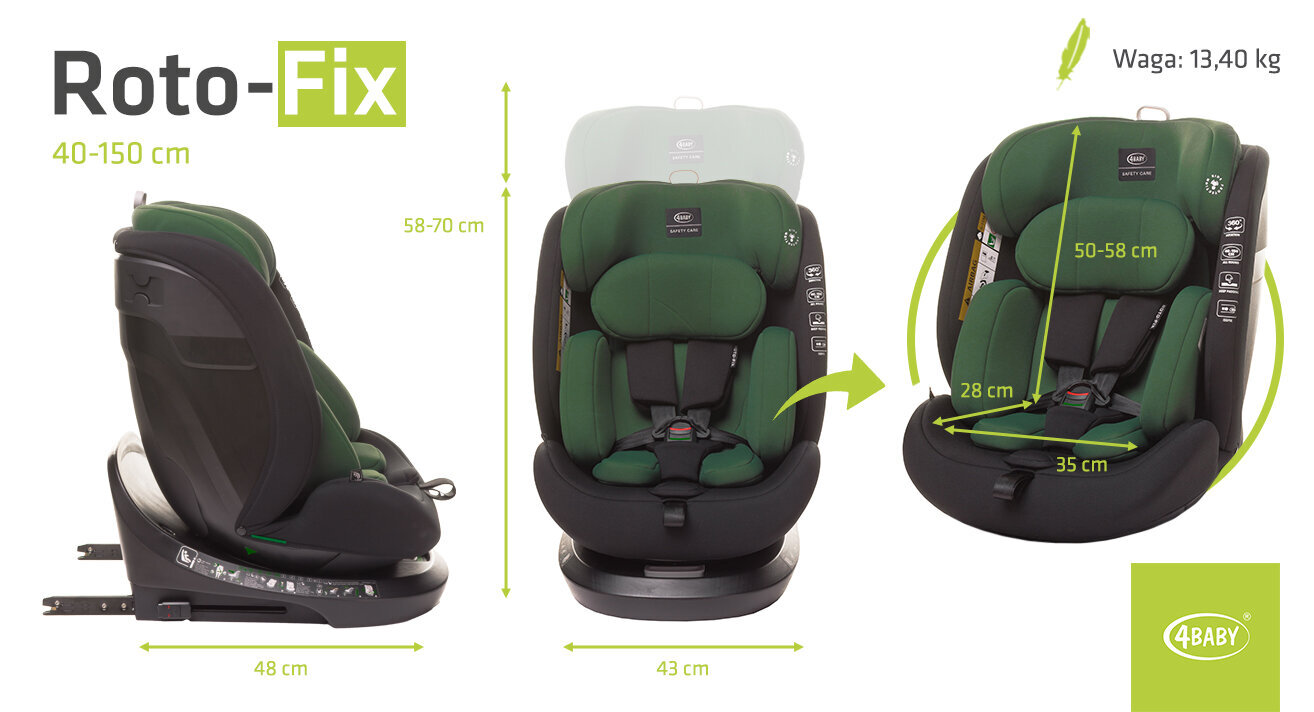 Autokėdutė 4Baby Roto-Fix I-Size, 0-36 kg, darkgreen kaina ir informacija | Autokėdutės | pigu.lt