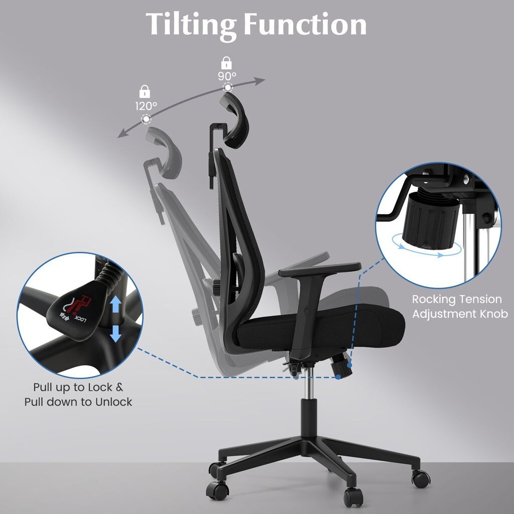 Ergonomiška biuro kėdė Costway, juoda цена и информация | Biuro kėdės | pigu.lt