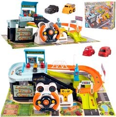 Žaislinė automobilių trasa, stovėjimo aikštelė su vairu ir 4 automobiliais kaina ir informacija | Žaislai berniukams | pigu.lt