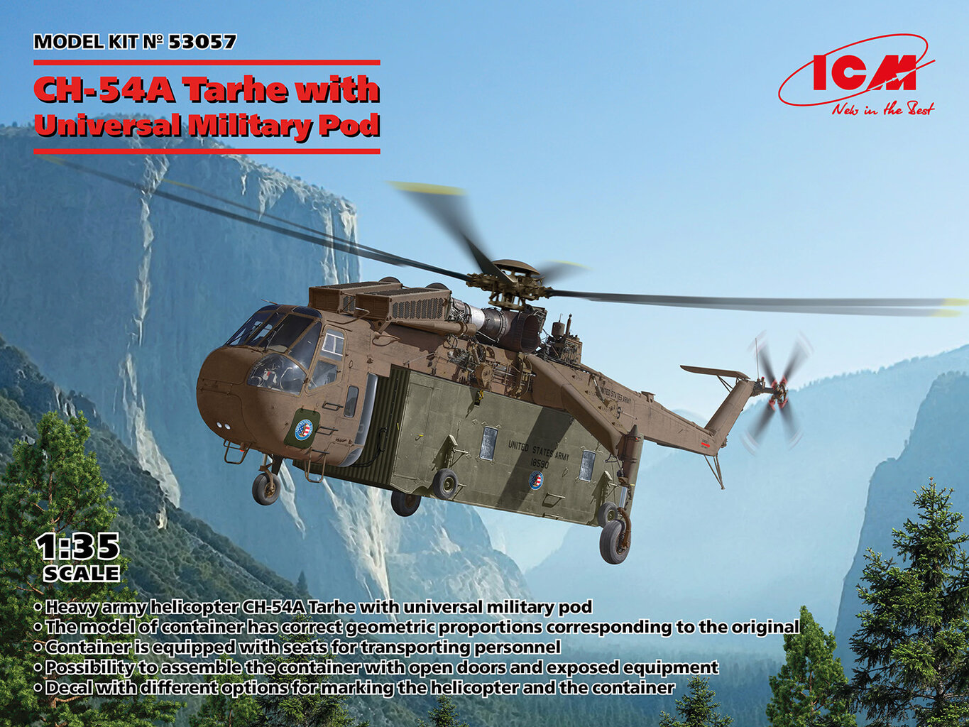 Klijuojamas modelis ICM 53057 CH-54A Tarhe with Universal Military Pod 1/35 kaina ir informacija | Klijuojami modeliai | pigu.lt