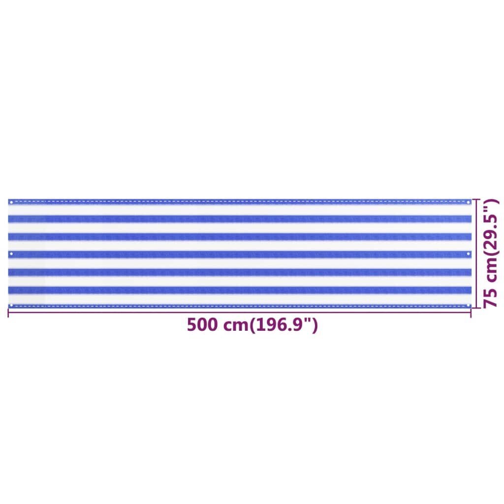 vidaXL Balkono pertvara, mėlynos ir baltos spalvos, 75x500cm, HDPE kaina ir informacija | Skėčiai, markizės, stovai | pigu.lt