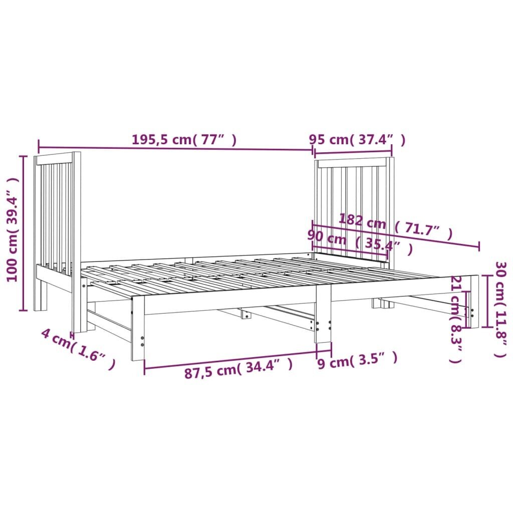 Ištraukiama lova, pilka, 2x(90x190)cm, pušies medienos masyvas kaina ir informacija | Lovos | pigu.lt