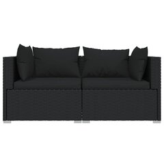 vidaXL Sodo komplektas su pagalvėlėmis, 3 dalių, juodas, poliratanas kaina ir informacija | Lauko kėdės, foteliai, pufai | pigu.lt