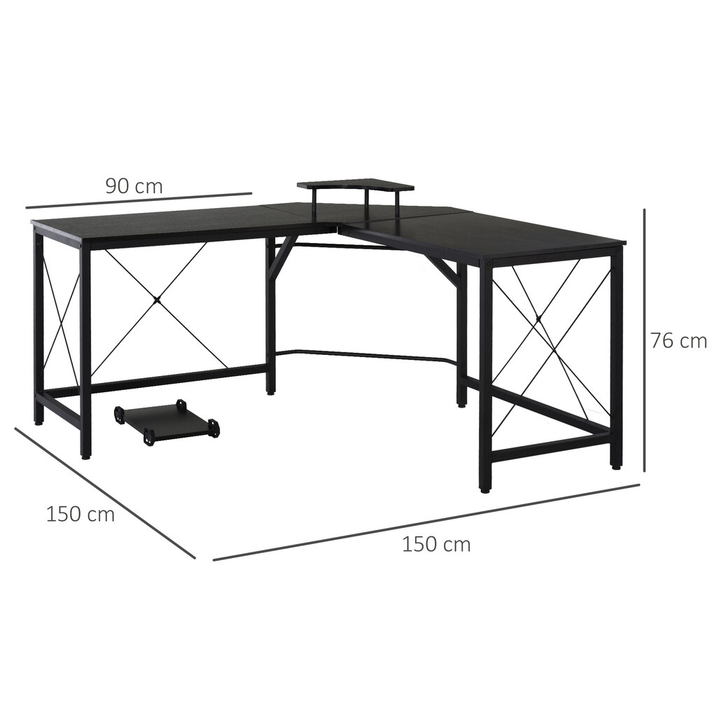 HOMCOM Kampinis stalas L formos kompiuterio stalas, stalas su monitoriaus stovu, pramoninio dizaino, plienas, juodas, 150x150x76cm kaina ir informacija | Kompiuteriniai, rašomieji stalai | pigu.lt