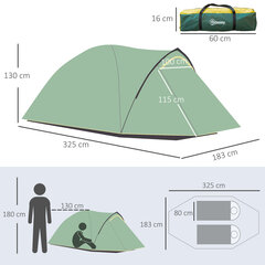 Outsunny kupolinė palapinė 2-3 asmenims 190T stiklo pluošto poliesteris žalia+geltona 325x183x130cm kaiščiai kaina ir informacija | Kitas turistinis inventorius | pigu.lt