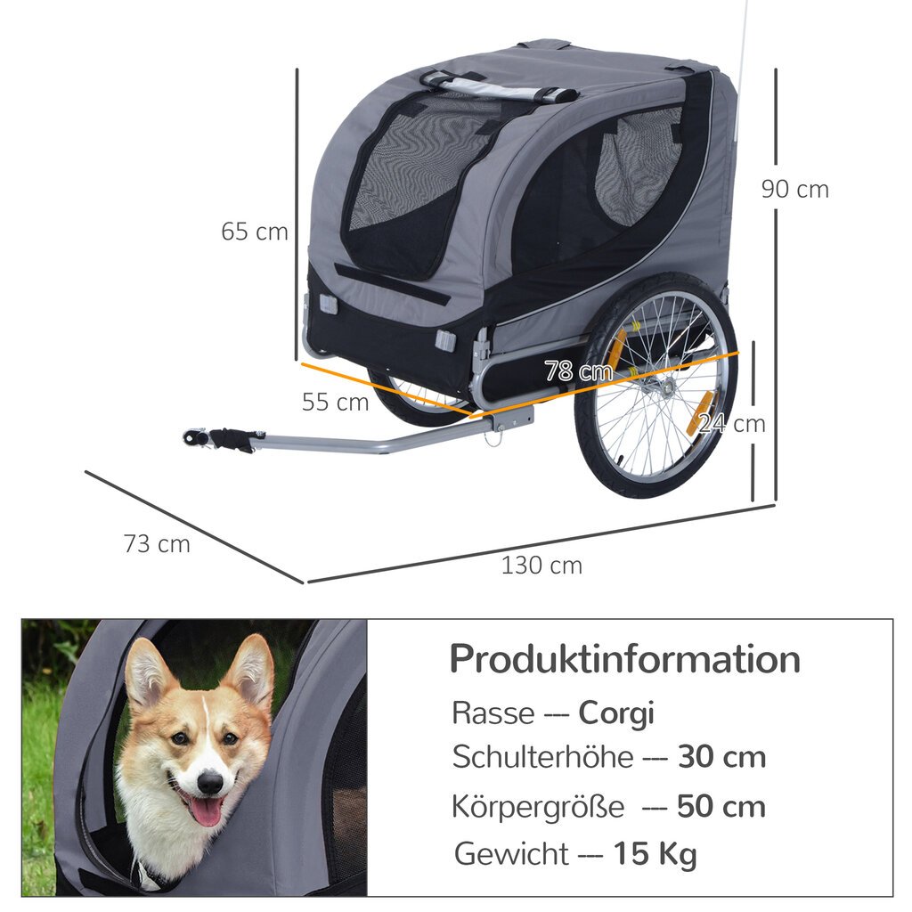 Dviračių priekaba šunų transporteris - pilka su juoda 130 x 73 x 90 cm цена и информация | Transportavimo narvai, krepšiai | pigu.lt