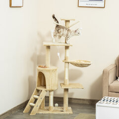 PawHut Cat Tree Stairs 4 Toys Beige Play &amp; Rest 50x35x134,2cm цена и информация | Когтеточки | pigu.lt