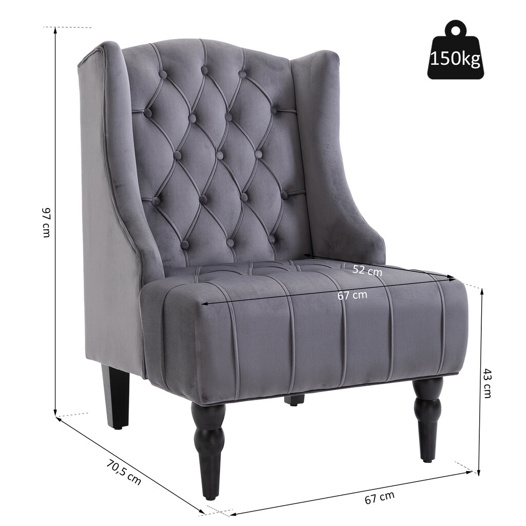 Fotelis "Wing Chair" su paaukštintomis kojomis, aksominis audinys, pilka 67 x 70,5 x 97 cm цена и информация | Svetainės foteliai | pigu.lt