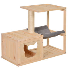 "PawHut" kačių namelis su hamaku, eglės mediena, natūrali, 70x35x60cm kaina ir informacija | Guoliai, pagalvėlės | pigu.lt