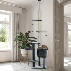 PawHut Cat Tree Ceiling High Height Adjustable 220-265cm Cat Tree with Sisal Columns, Play Ball, Height Adjustable Cat Scratching Post, Cat Climbing Tree with Cat Bed, Cat House, Dark Grey цена и информация | Когтеточки | pigu.lt