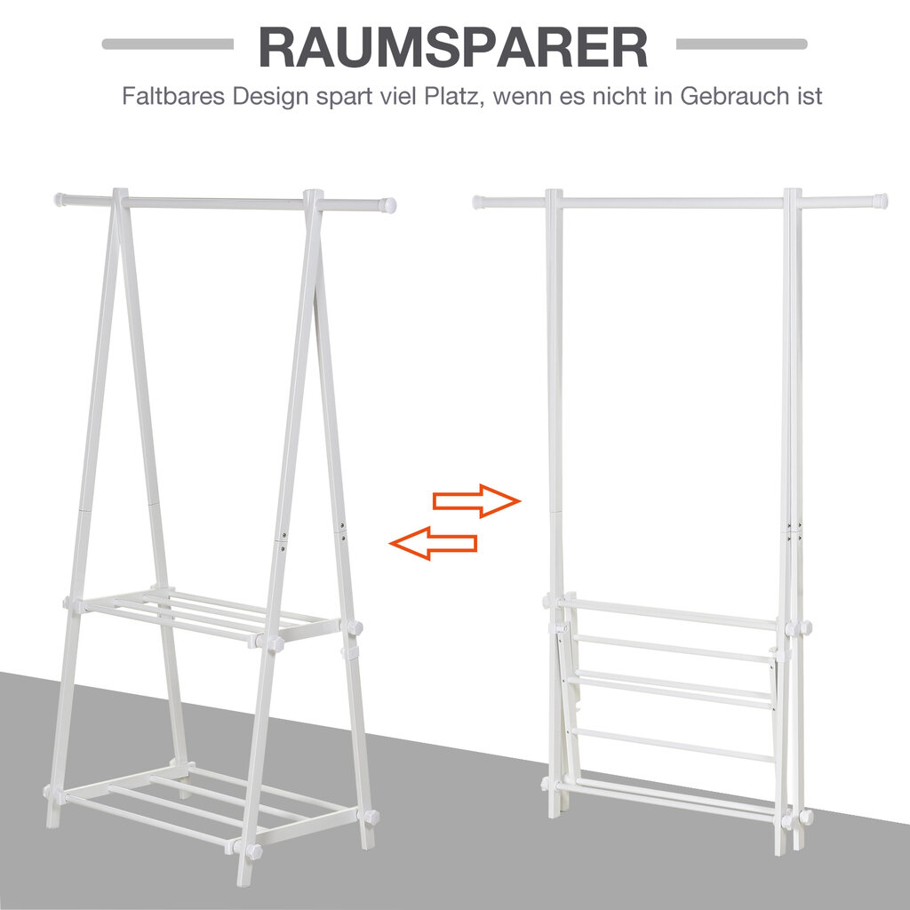 HOMCOM Drabužių stovas su batų lentyna, drabužių kabykla, plienas, baltas, 107,5x45x150cm kaina ir informacija | Spintelės prie lovos | pigu.lt