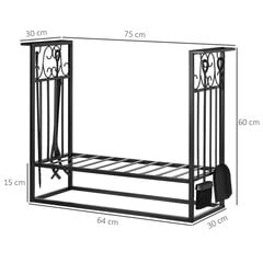 Metalinė malkų lentyna su židinio įrankiais - juoda 75 x 30 x 60 cm kaina ir informacija | Židiniai, ugniakurai | pigu.lt