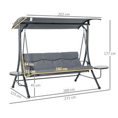 3 vietų sodo sūpynės su reguliuojamu stogeliu nuo saulės - Pilka+juoda 271 x 125 x 177 cm kaina ir informacija | Lauko sūpynės | pigu.lt