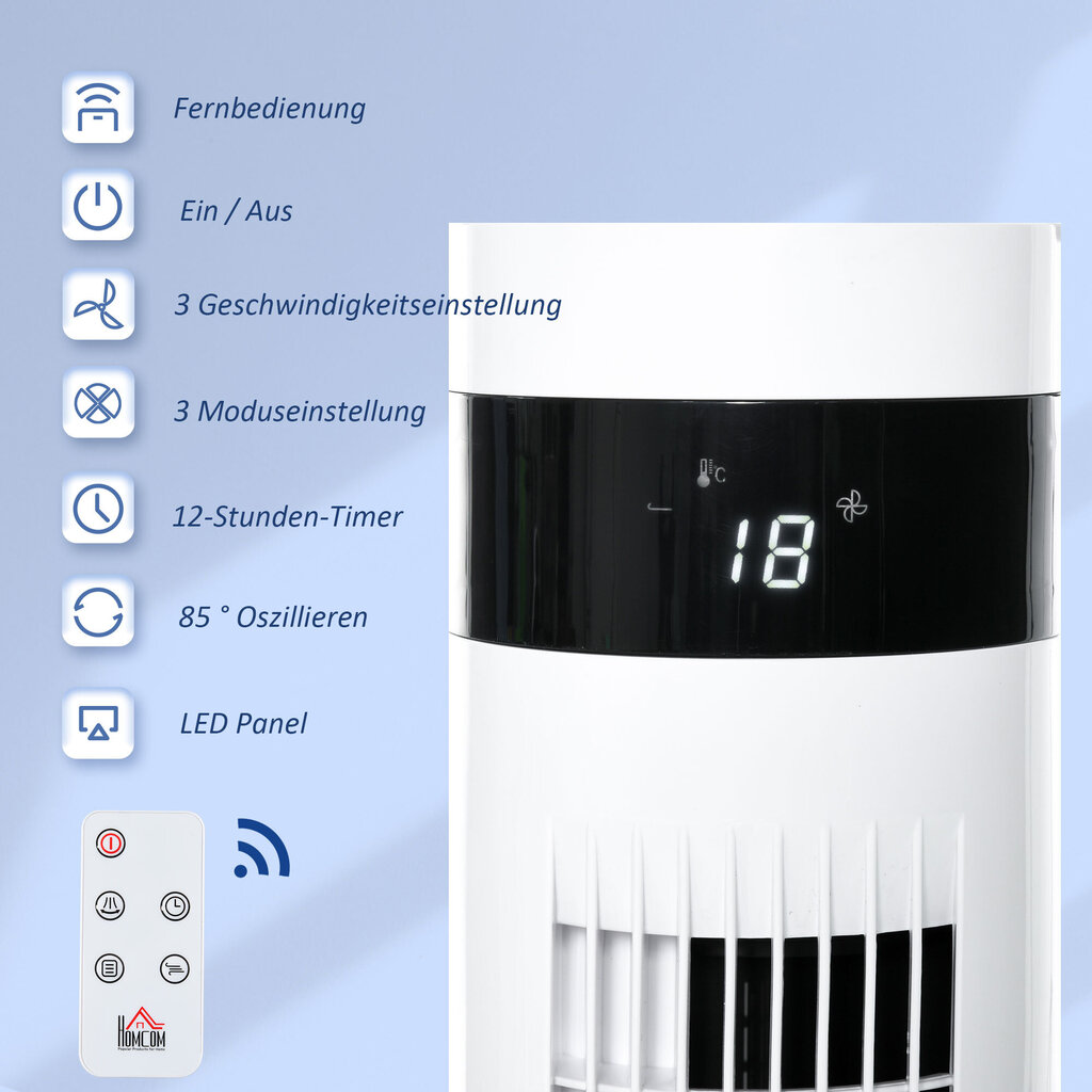 Homcom bokštinis ventiliatorius 85°, 110 cm, 50 W, baltas kaina ir informacija | Ventiliatoriai | pigu.lt