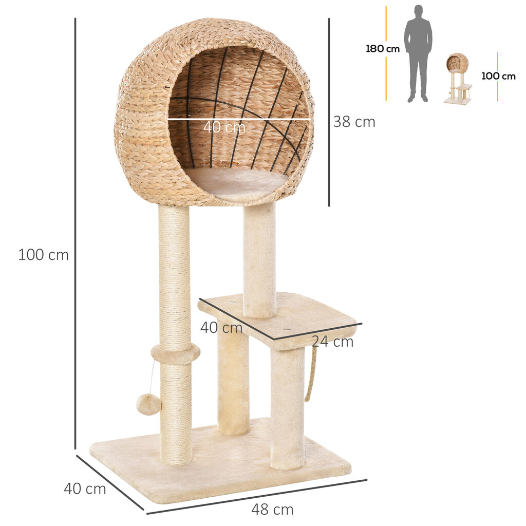 "PawHut" kačių medis, draskymo stovas, kačių baldai su urvu, kamuoliukas-žaislas, sizalis, minkštas pliušas, smėlio spalvos, aukštis 100 cm цена и информация | Draskyklės | pigu.lt